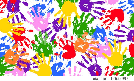 Hand palms paint imprints seamless pattern. Colorful arm messy stamps. Human handprints. Kids friendship. Repeated print. Ink fingerprint stains. Children game. Vector abstract background 126329973