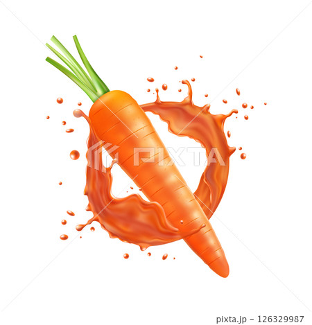 Carrot juice. 3D orange splash. Realistic vegetable vitamin or fresh fruit salad. Vegan drink. Summer transparent water beverage. Natural liquid drops. Vector vegetarian food product 126329987