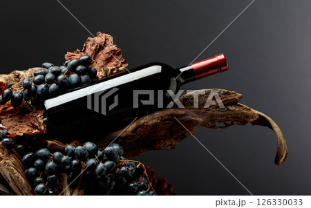 Bottle of red wine with grapes and dried-up vine leaves on old wooden snags. 126330033