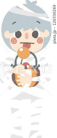 happy halloween holiday festival with boy wearing mummy costume holding candy sweet pumpkin basket , flat png illustration cartoon character costume design happy halloween holiday festival with boy wearing mummy costume holding candy sweet pumpkin basket , flat png illustration cartoon character costume design 126330269