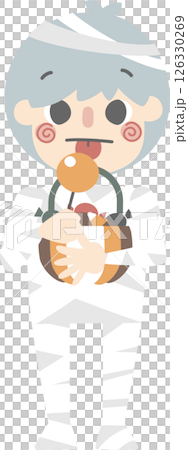 happy halloween holiday festival with boy wearing mummy costume holding candy sweet pumpkin basket , flat png illustration cartoon character costume design happy halloween holiday festival with boy wearing mummy costume holding candy sweet pumpkin basket , flat png illustration cartoon character costume design 126330269