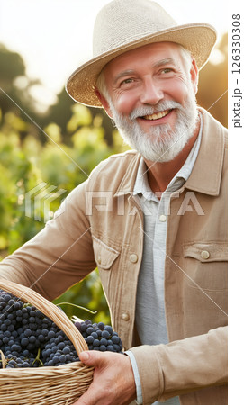 Winemaker harvesting ripe grapes in vineyard during sunny day 126330308