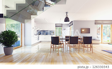 Modern kitchen and dining area 126330343