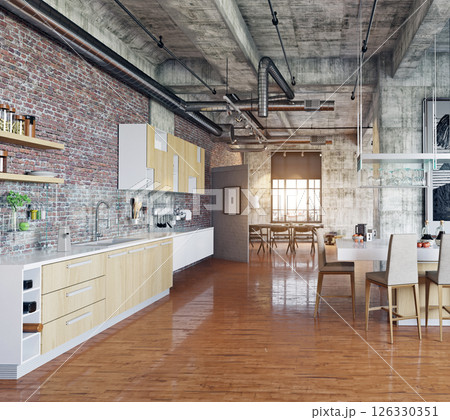 Industrial kitchen with warm lighting 126330351
