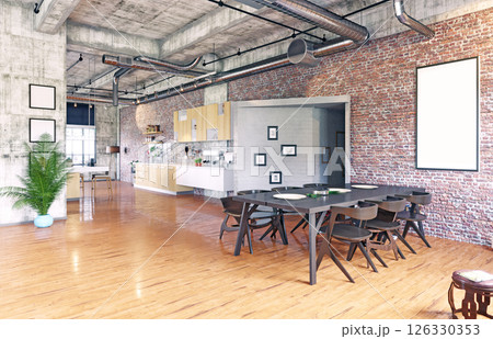 Loft kitchen with brick wall and black table Loft kitchen with brick wall and black table 126330353