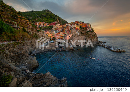 Manarola Coastal Village Sunset Panorama, Italy 126330449