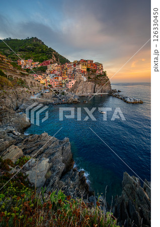 Manarola Coastal Village Sunset Panorama, Italy 126330450