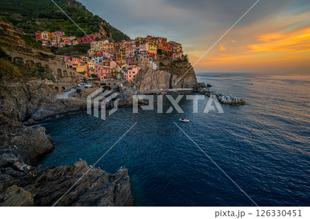 Manarola Coastal Village Sunset Panorama, Italy 126330451