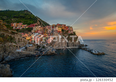 Manarola Coastal Village Sunset Panorama, Italy 126330452