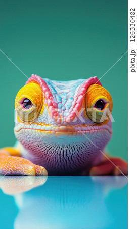 Brightly colored chameleon with large eyes perched on a turquoise surface 126330482