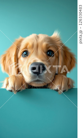 Golden retriever puppy curiously peeking over a table with a mint green background 126330483