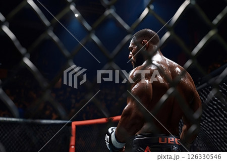 Muscular fighter preparing for ufc fight in cage Muscular fighter preparing for ufc fight in cage 126330546