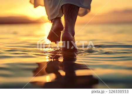 Jesus christ walking on water at sunset: religious symbolism and faith Jesus christ walking on water at sunset: religious symbolism and faith 126330553
