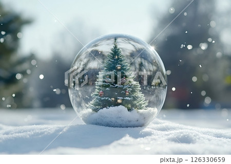 Christmas tree inside glass sphere standing on snow during snowfall 126330659