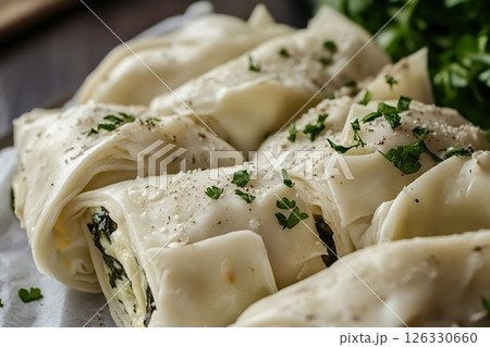Delicious spanakopita rolls sprinkled with parsley and spices being prepared 126330660