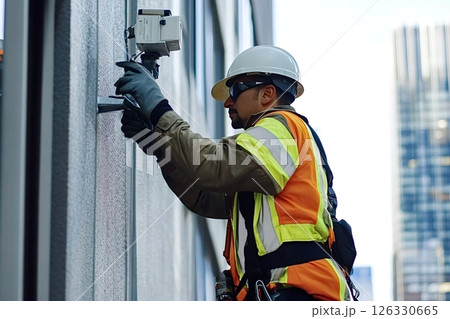 Technician installing security camera on building exterior 126330665