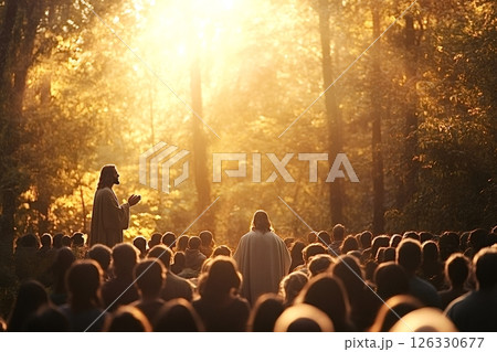 Jesus christ praying in forest with disciples listening during golden hour Jesus christ praying in forest with disciples listening during golden hour 126330677