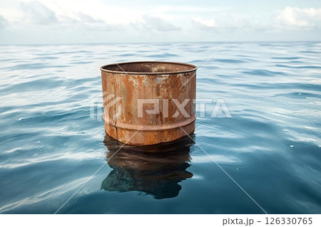 Rusty barrel floating in the ocean: marine pollution concept 126330765