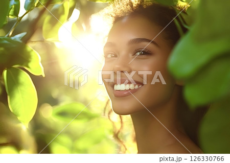 Beautiful smiling model posing behind sunlit leaves in nature 126330766