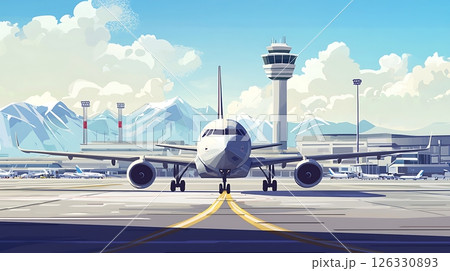 A large white airplane is parked on the runway at an airport 126330893