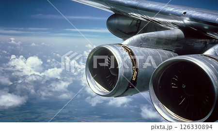 The wing of an airplane with two jet engines 126330894