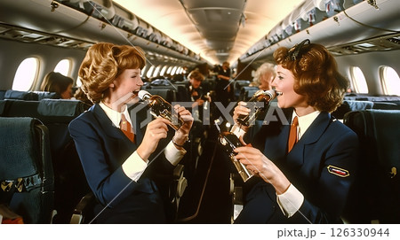 Two women in blue uniforms are drinking from bottles and playing instruments 126330944