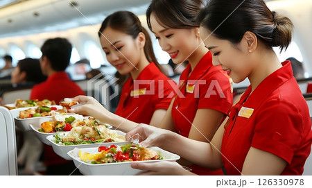 Three women in red uniforms are serving food to passengers on an airplane 126330978