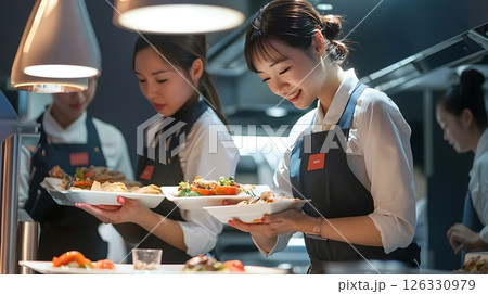 A woman in a blue apron is holding plates of food 126330979