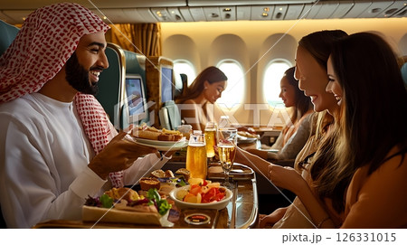 A group of people are enjoying a meal together on an airplane 126331015
