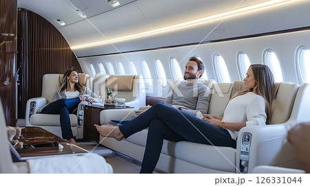 A man and two women are sitting on a white couch in an airplane 126331044