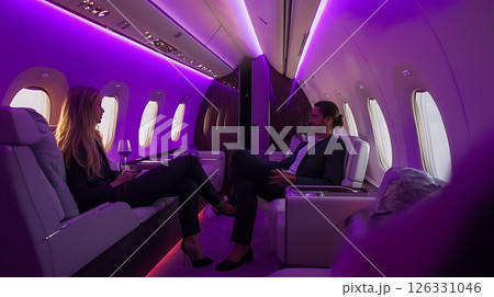 A man and a woman are sitting in a plane, with the man wearing a suit 126331046