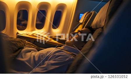 A man is sleeping on a plane A man is sleeping on a plane 126331052