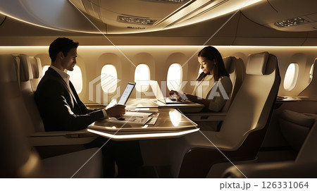 Two people are sitting at a table in an airplane 126331064