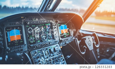 The cockpit of a plane is filled with gauges and dials, including a speedometer 126331283