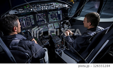 Two pilots are sitting in the cockpit of an airplane Two pilots are sitting in the cockpit of an airplane 126331284