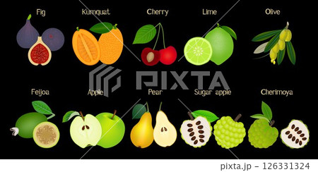 Set of whole fruits and a half isolated on a black background. Set of whole fruits and a half isolated on a black background. 126331324