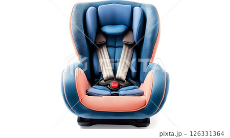 A blue and pink car seat with a red button A blue and pink car seat with a red button 126331364