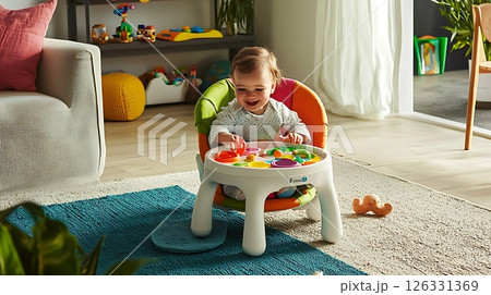 A baby is sitting on a table with a variety of toys 126331369