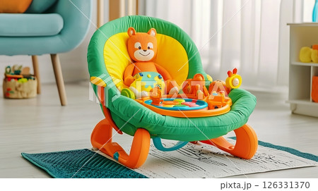 A green and orange baby seat with a stuffed animal on it 126331370