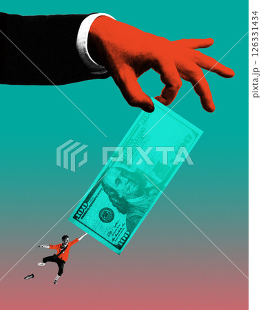 Man in red shirt flying, clinging to hundred dollar bill held by giant hand. Contemporary art collage. 126331434