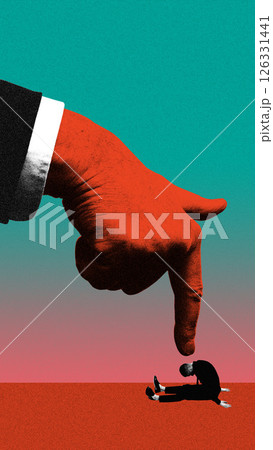 Red hand points at lonely defeated man sitting on red floor in despair. Contemporary art collage. 126331441