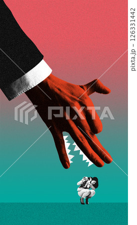 Red hand with sharp claws descends toward frightened crouching woman. Contemporary art collage. Red hand with sharp claws descends toward frightened crouching woman. Contemporary art collage. 126331442