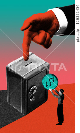 Hand points towards coin slot of safe, small man holds large coin with dollar sign, preparing to insert it. Contemporary art collage. Hand points towards coin slot of safe, small man holds large coin with dollar sign, preparing to insert it. Contemporary art collage. 126331454