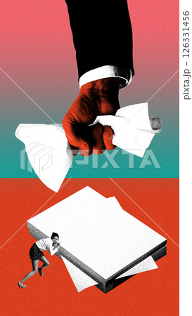 Woman pushing huge paper stack while red hand crushes crumpled sheet above. Contemporary art collage. Woman pushing huge paper stack while red hand crushes crumpled sheet above. Contemporary art collage. 126331456