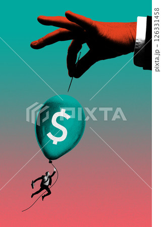 Businessman flying with dollar balloon as giant hand with pin prepares to pop it. Contemporary art collage. 126331458