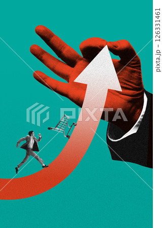 Man chasing runaway cart up growing arrow graph held by red hand in suit. Contemporary art collage 126331461