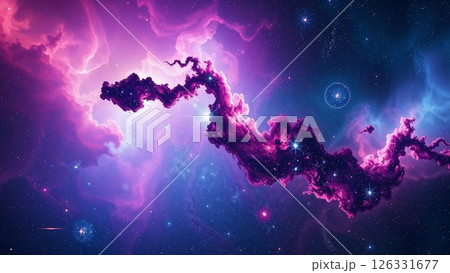 Elegant cosmic journey in electric hues, intricate galaxies, wide cinematic view. 126331677