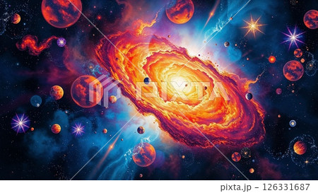 Graceful deep space in vivid tones, detailed galaxies, blending realism and impressionism. 126331687