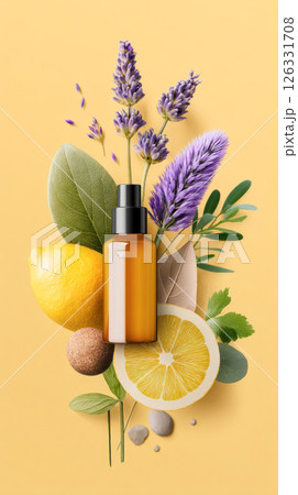 Natural skincare product with essential oils, lemon, and lavender arranged artistically on a vibrant yellow background, showcasing beauty and wellness concepts Natural skincare product with essential oils, lemon, and lavender arranged artistically on a vibrant yellow background, showcasing beauty and wellness concepts 126331708
