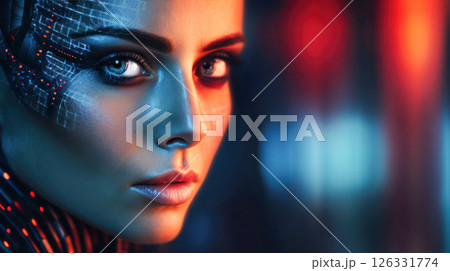 Futuristic female cyborg with intricate facial circuitry and glowing elements, showcasing advanced technology and a captivating gaze in a vibrant atmosphere 126331774